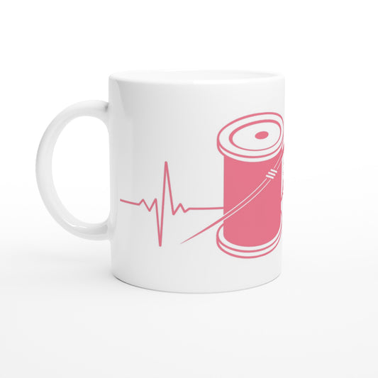 Sewing Spool Thread Heartbeat - Pink - White 11oz Ceramic Mug