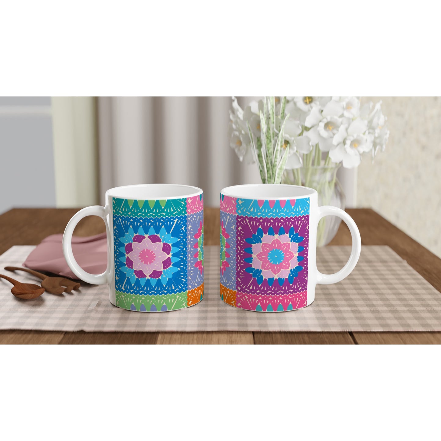 Granny Square Crochet Mug - White 11oz Ceramic Mug