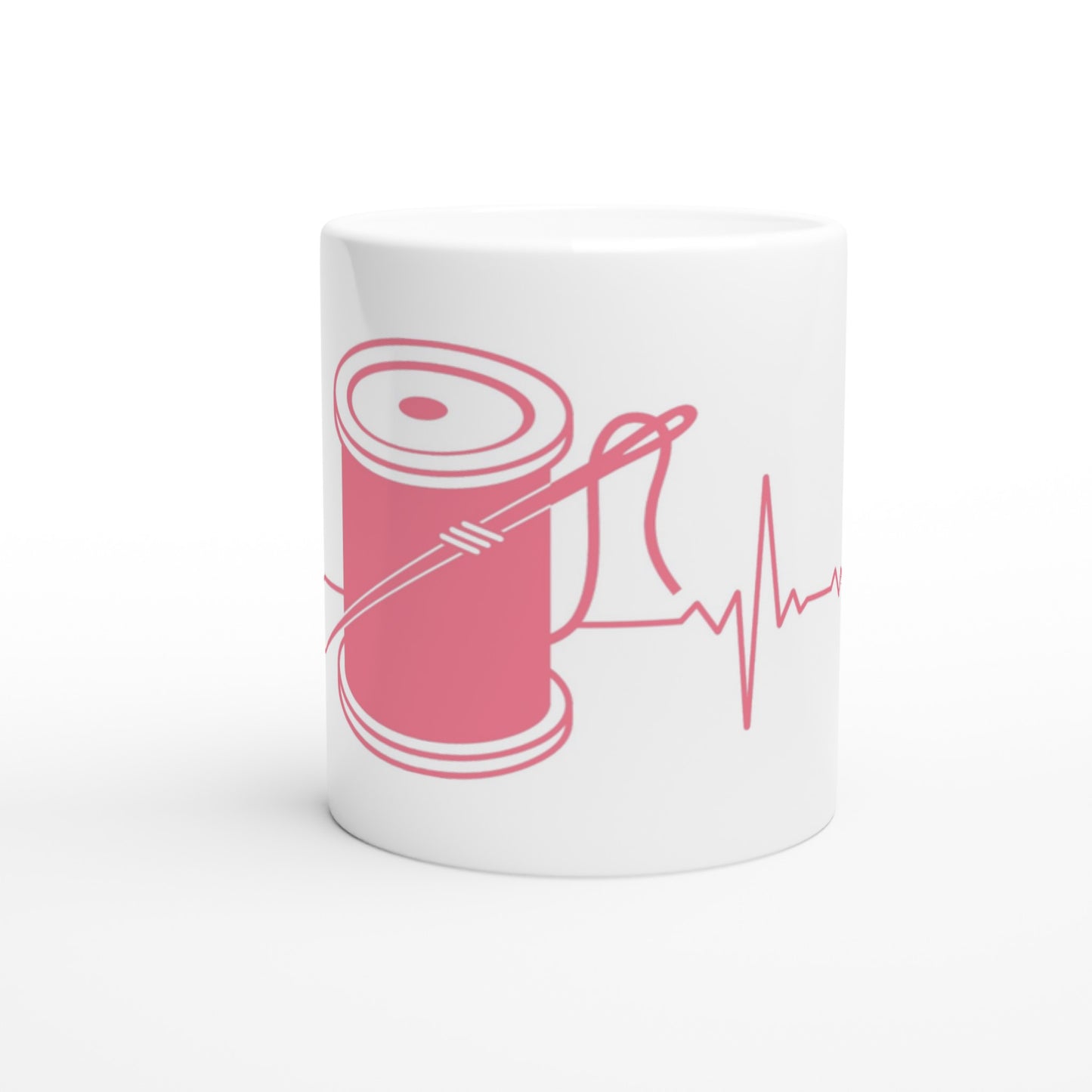 Sewing Spool Thread Heartbeat - Pink - White 11oz Ceramic Mug