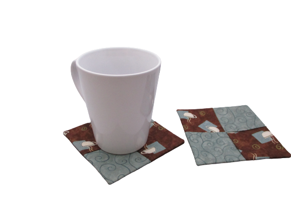 Criss Cross Coasters - Moda Bistro Coffee Cup and Swirl Blue Brown - Beachside Knits N Quilts