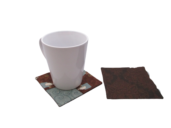 Criss Cross Coasters - Moda Bistro Coffee Cup and Swirl Blue Brown - Beachside Knits N Quilts