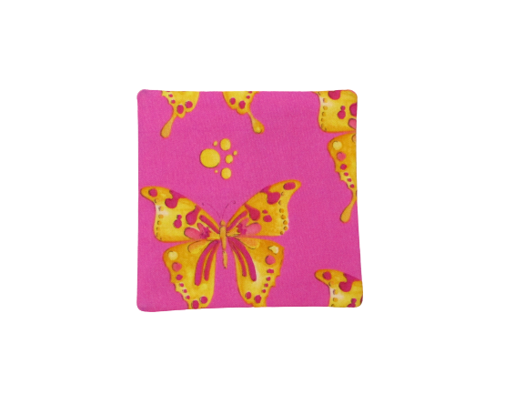 Criss Cross Coasters - Butterflies and Polka Dots Purple Pink Gold - Beachside Knits N Quilts